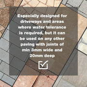 An image of paving finished with Azpects easyjoint PRO heavy duty paving jointing compound. It have text that states that it is especially designed for driveways and areas where water tolerance is required as well as any other paving joint job.