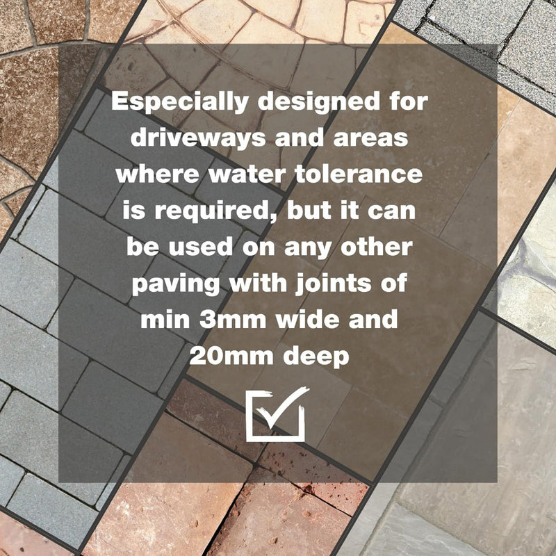 An image of paving finished with Azpects easyjoint PRO heavy duty paving jointing compound. It have text that states that it is especially designed for driveways and areas where water tolerance is required as well as any other paving joint job.