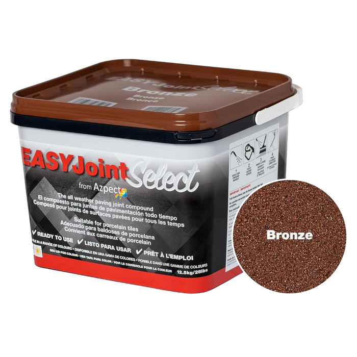 An image of a 12.5kg tub of EasyJoint Select Paving Compound in Bronze with a circle demonstrating the products actual.