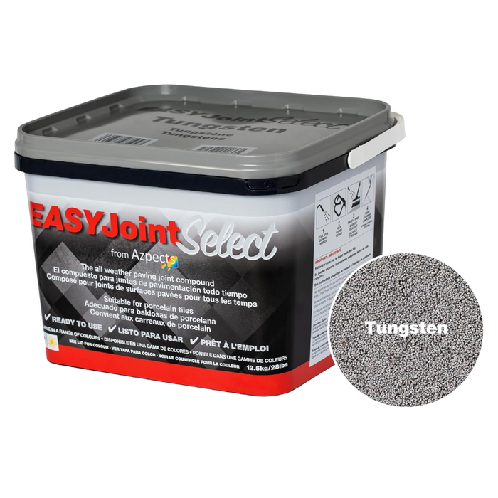 An image of a 12.5kg tub of EasyJoint Select Paving Compound in Tungsten with a circle demonstrating the products actual.