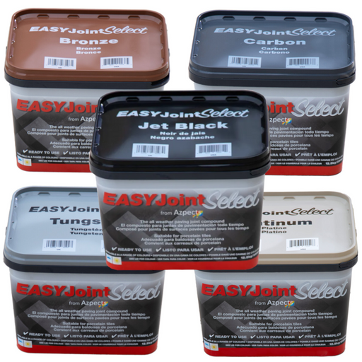 An image of five tubs of EasyJoint Select in each of the colours. Bronze, Carbon, Jet Black, Platinum, Tungsten