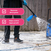 An image of a patio covered with foam being cleaned with Azpects Patio Snow Foam with some of the benefit, Removes dirt and grime, helps control algae growth.