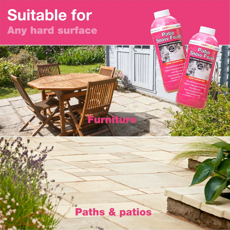 An image of a patio with a before and after using Azpects Patio Snow Foam and shows it can be used on Furniture as well as Paths and Patios.