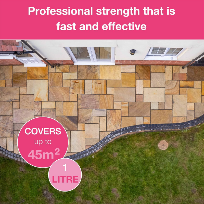 An image of a patio after using Azpects Patio Snow Foam states that its Professional strength that is fast and effective, also that 1 litre can cover 45m2.