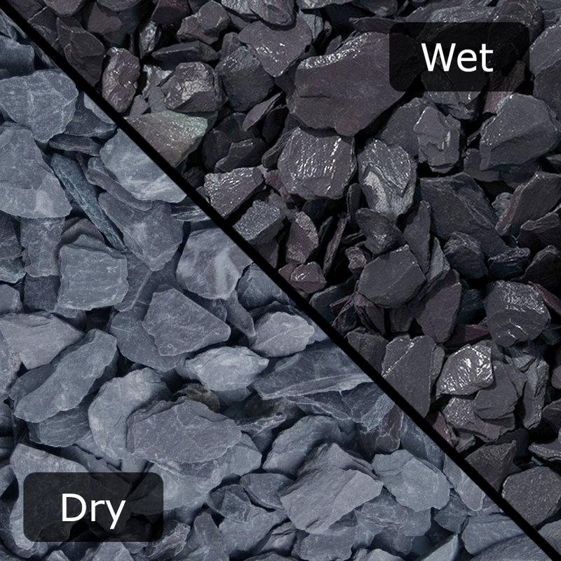 An image of Blue Slate Chippings when wet and dry