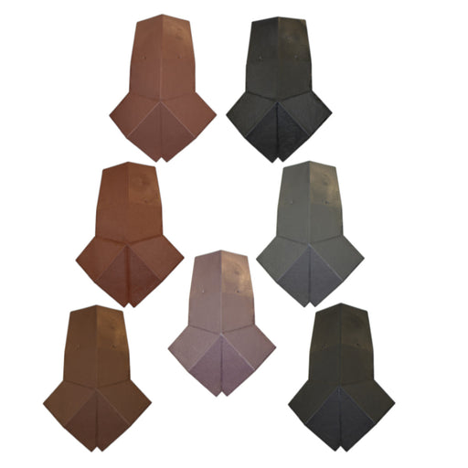 An image of the different colours for Britmet 3 Way Roof Top Caps. Amethyst, Ash, Charcoal, Oak, Slate Grey, Sage Green, Tudor Brown.