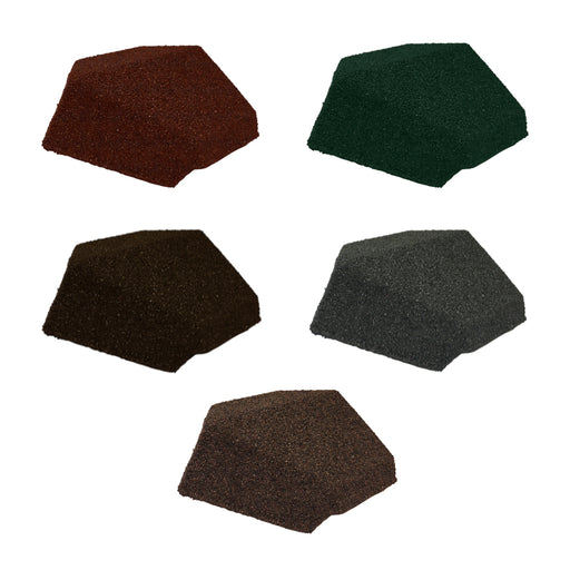 An image of the different colours of Britmet 90 Degree Angle Hip End Caps. Bramble Brown, Rustic Brown, Rustic Terracotta, Tartan Green & Titanium Grey.