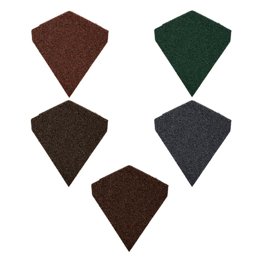 An image of the different colours for the  Britmet Angle Ridge Roof End Cap. The colours are Bramble Brown, Rustic Brown, Rustic Terracotta, Tartan Green and Titanium Grey.