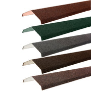 An image of the different colours for the  Britmet Angle Roof Ridge. The colours are Bramble Brown, Rustic Brown, Rustic Terracotta, Tartan Green and Titanium Grey.