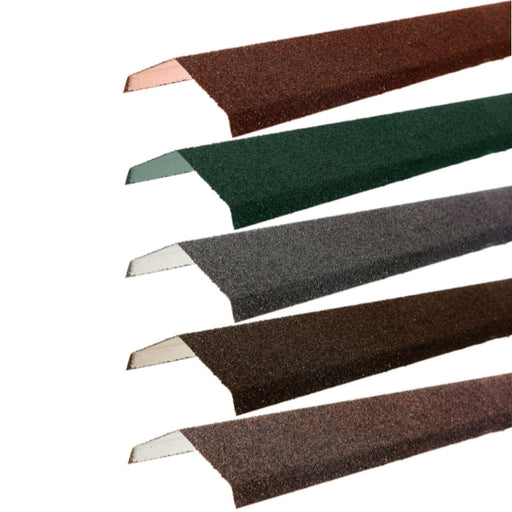 An image of the different colours for the  Britmet Angle Roof Ridge. The colours are Bramble Brown, Rustic Brown, Rustic Terracotta, Tartan Green and Titanium Grey.