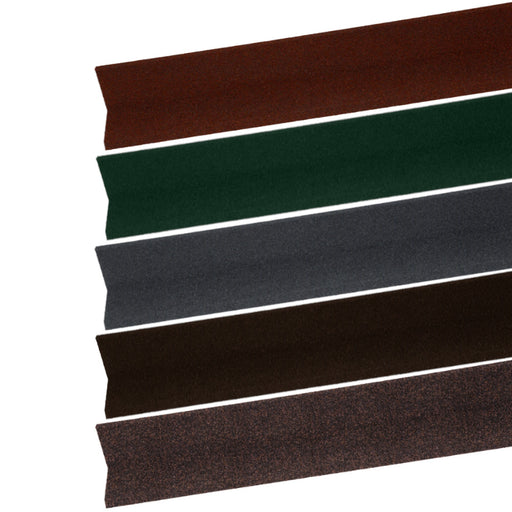 An image of the different colours of Britmet Apron Roof Flashing. Bramble Brown, Rustic Brown, Rustic Terracotta, Tartan Green and Titanium Grey.