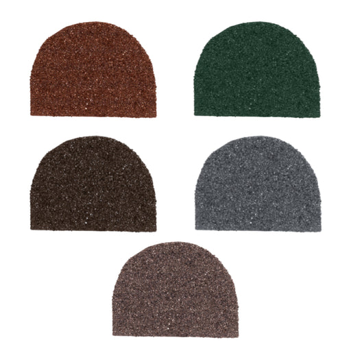 An image of the different colours for the  Britmet Barrel Roof Ridge End Cap. The colours are Bramble Brown, Rustic Brown, Rustic Terracotta, Tartan Green and Titanium Grey.