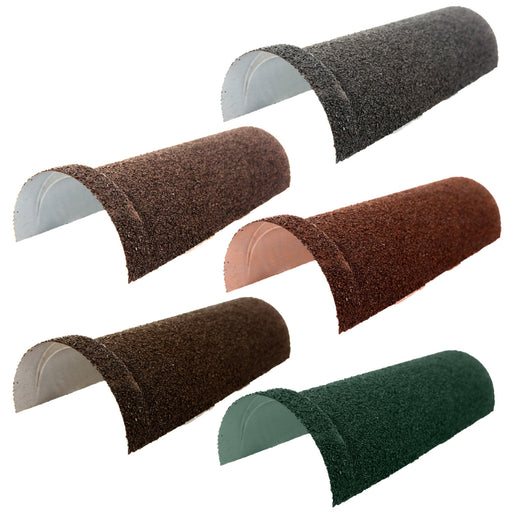 An image of the different colours for the  Britmet Barrel Roof Ridge. The colours are Bramble Brown, Rustic Brown, Rustic Terracotta, Tartan Green and Titanium Grey.