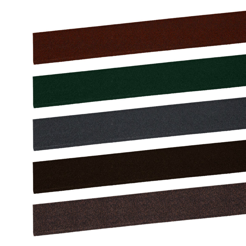 An image of the different colours of Britmet Cover Roof Flashing strips. Bramble Brown, Rustic Brown, Rustic Terracotta, Tartan Green and Titanium Grey.