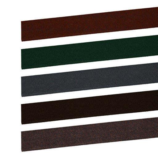 An image of the different colours of Britmet Cover Roof Flashing strips. Bramble Brown, Rustic Brown, Rustic Terracotta, Tartan Green and Titanium Grey.