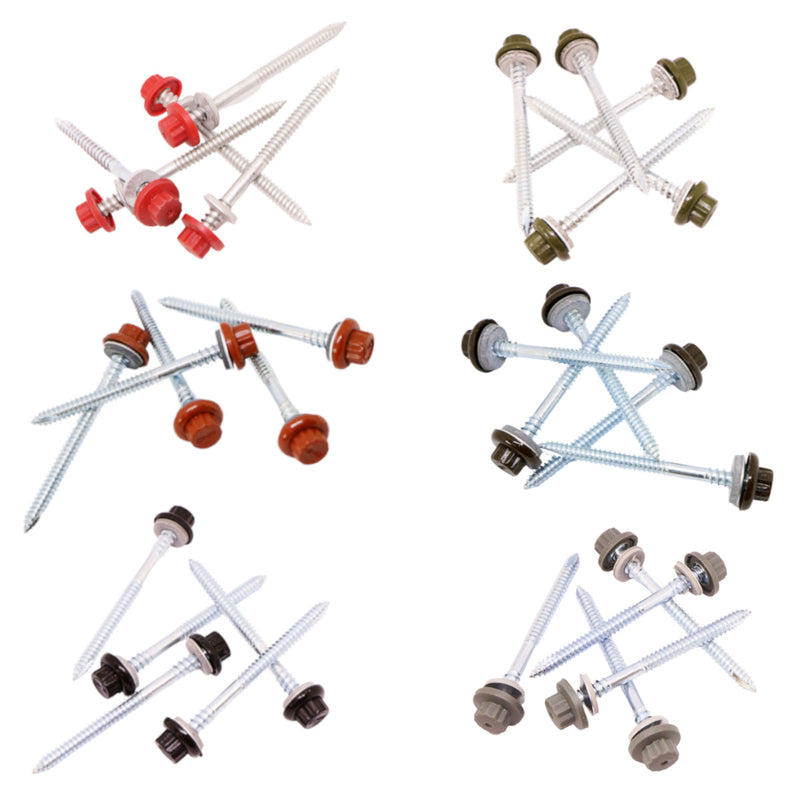 An image of the different colours of Pantile 2000 Fixing Screws. They are Antique Red Charcoal, Mid Grey, Sage Green, Terracotta and Tudor Brown