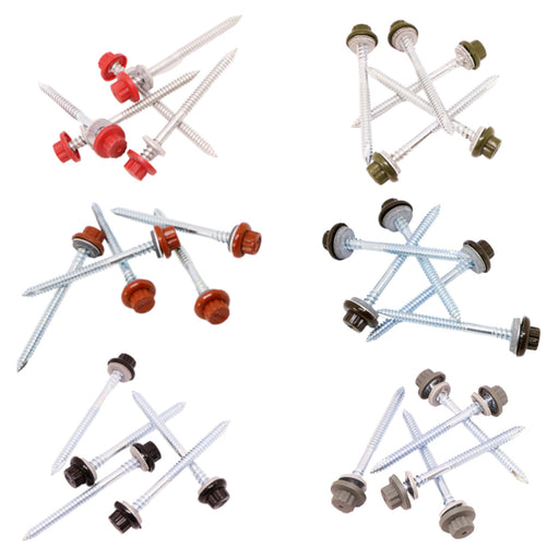 An image of the different colours of Pantile 2000 Fixing Screws. They are Antique Red Charcoal, Mid Grey, Sage Green, Terracotta and Tudor Brown