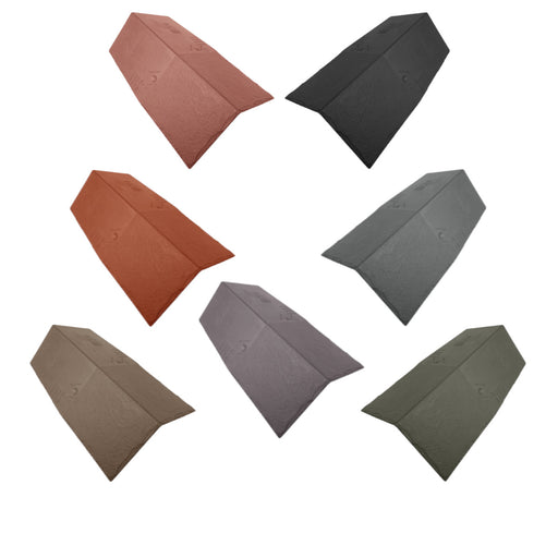 An image of the different colours for Britmet LiteSlate Roof Ridge. Amethyst, Ash, Charcoal, Oak, Slate Grey, Sage Green, Tudor Brown.