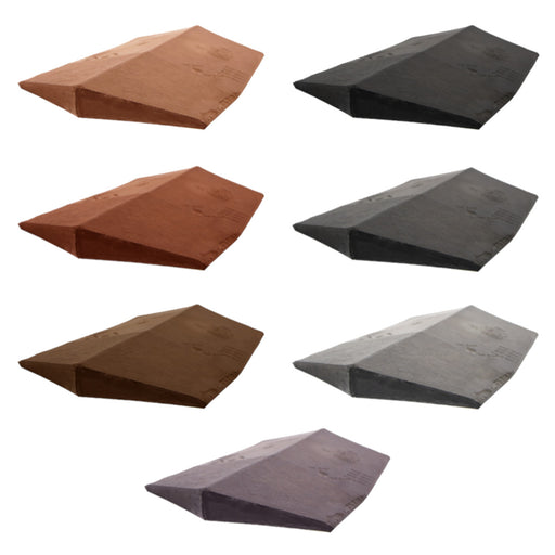 An image of the different colours for Britmet LiteSlate Roof Ridge End Caps. Amethyst, Ash, Charcoal, Oak, Slate Grey, Sage Green, Tudor Brown.