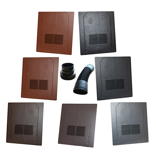 An image of the different colours for Britmet Liteslate Tile Vent. Amethyst, Ash, Charcoal, Oak, Slate Grey, Sage Green, Tudor Brown. Also the image shows the Adaptor and Flexi-Pipe