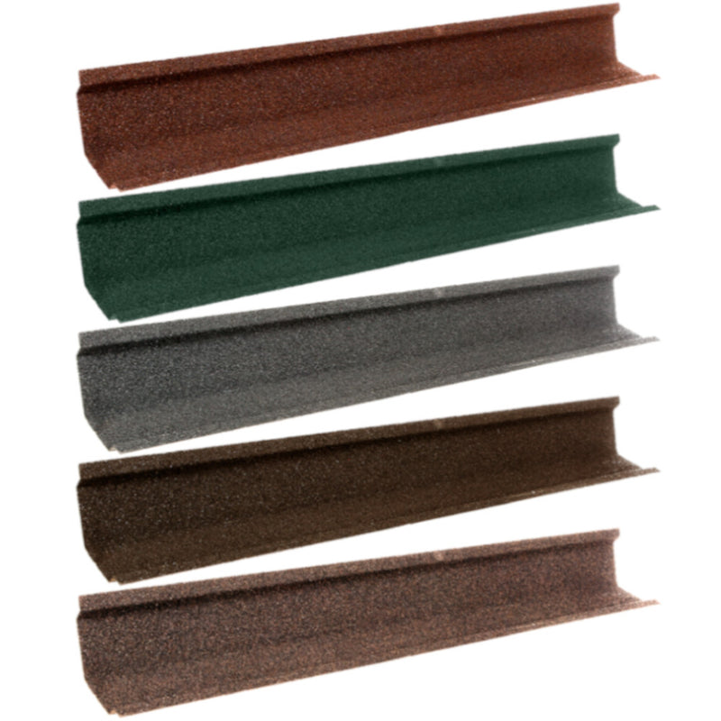 An image of the different colours for the  Britmet Metal Roof Valley. The colours are Bramble Brown, Rustic Brown, Rustic Terracotta, Tartan Green and Titanium Grey.
