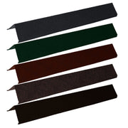 An image of the different colours of Britmet Mono Roof Ridge. Antique Red, Charcoal, Mid Grey, Sage Green, Terracotta, Tudor Brown.