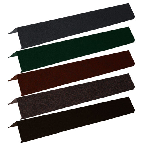 An image of the different colours of Britmet Mono Roof Ridge. Antique Red, Charcoal, Mid Grey, Sage Green, Terracotta, Tudor Brown.