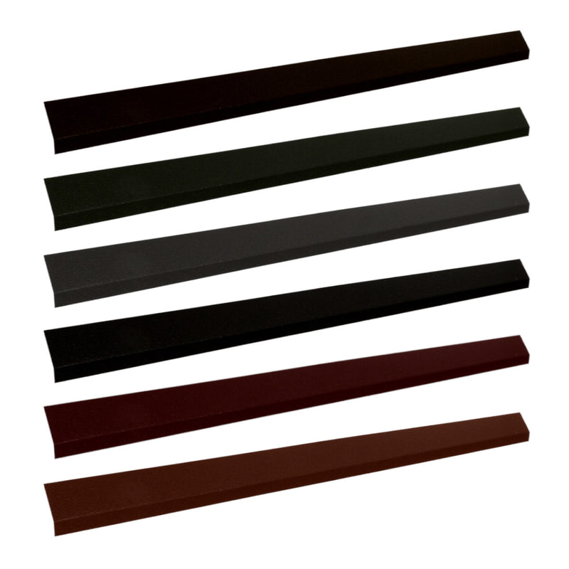 An image of the different colours of Britmet Pantile 2000 Roof Eaves Flashing strips. Antique Red, Charcoal, Mid Grey, Sage Green, Terracotta, Tudor Brown.