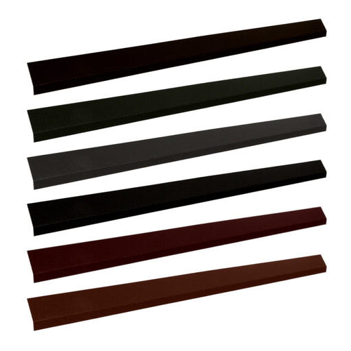 An image of the different colours of Britmet Pantile 2000 Roof Eaves Flashing strips. Antique Red, Charcoal, Mid Grey, Sage Green, Terracotta, Tudor Brown.