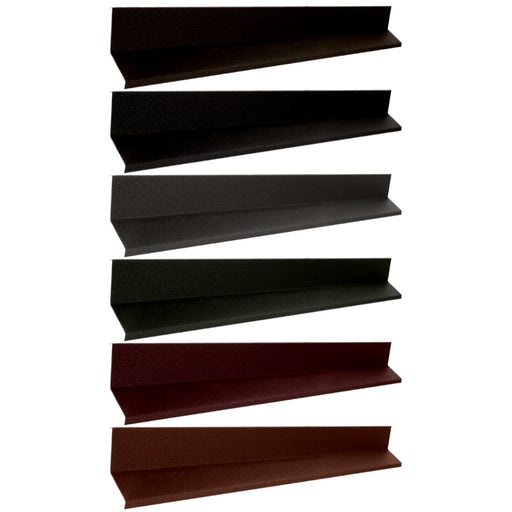 An image of the different colours of Britmet Pantile 2000 Roof Apron Flashing strips. Antique Red, Charcoal, Mid Grey, Tartan Green, Terracotta, Tudor Brown.