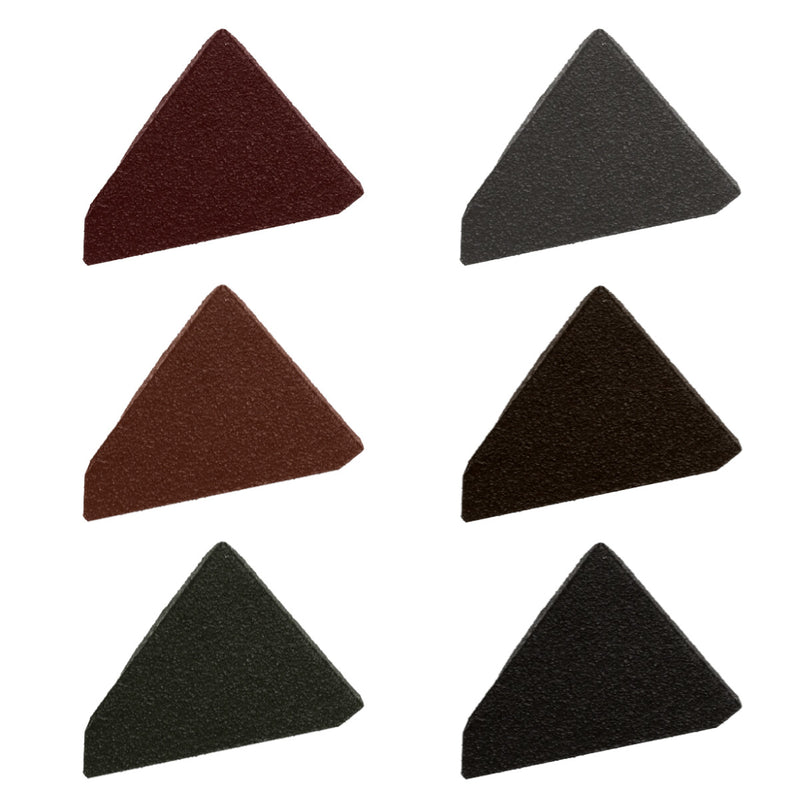 An image of the different colours of Britmet Pantile 2000 Roof Barge End Caps. Antique Red, Charcoal, Mid Grey, Sage Green, Terracotta, Tudor Brown.