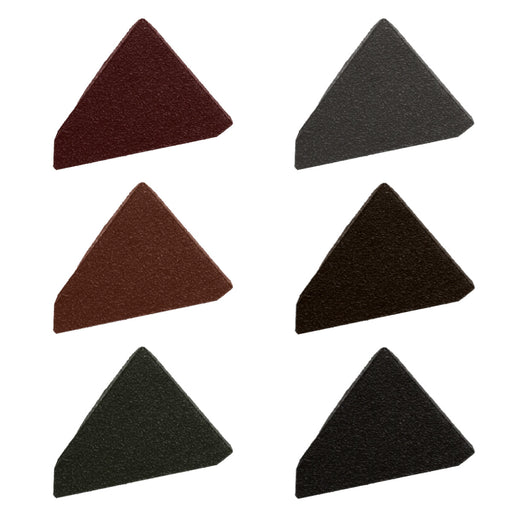 An image of the different colours of Britmet Pantile 2000 Roof Barge End Caps. Antique Red, Charcoal, Mid Grey, Sage Green, Terracotta, Tudor Brown.
