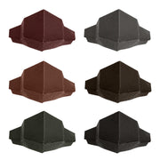 An image of the different colours of Pantile 2000 Roof Hip End Cap. They are Antique Red Charcoal, Mid Grey, Sage Green, Terracotta and Tudor Brown