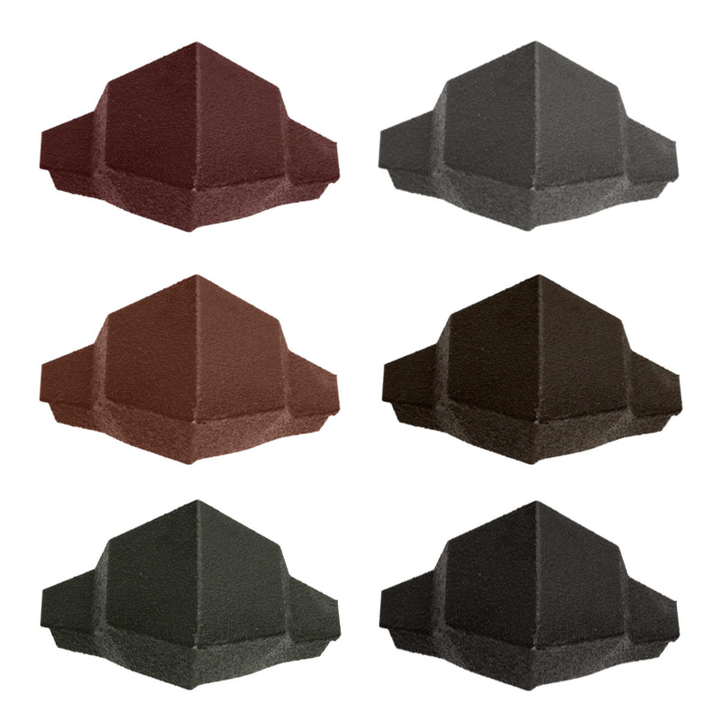 An image of the different colours of Pantile 2000 Roof Hip End Cap. They are Antique Red Charcoal, Mid Grey, Sage Green, Terracotta and Tudor Brown