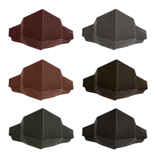 An image of the different colours of Pantile 2000 Roof Hip End Cap. They are Antique Red Charcoal, Mid Grey, Sage Green, Terracotta and Tudor Brown