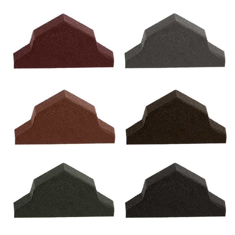 An image of the different colours of the Pantile 2000 Ridge End Cap. They are Antique Red Charcoal, Mid Grey, Sage Green, Terracotta and Tudor Brown