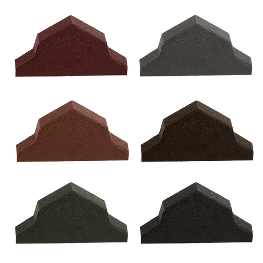 An image of the different colours of the Pantile 2000 Ridge End Cap. They are Antique Red Charcoal, Mid Grey, Sage Green, Terracotta and Tudor Brown