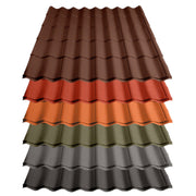 An image of the different colours of the Pantile 2000 Roof Shingle Sheets. They are Antique Red Charcoal, Mid Grey, Sage Green, Terracotta and Tudor Brown