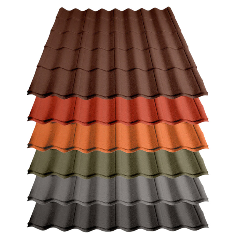 An image of the different colours of the Pantile 2000 Roof Shingle Sheets. They are Antique Red Charcoal, Mid Grey, Sage Green, Terracotta and Tudor Brown