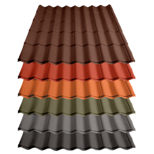 An image of the different colours of the Pantile 2000 Roof Shingle Sheets. They are Antique Red Charcoal, Mid Grey, Sage Green, Terracotta and Tudor Brown