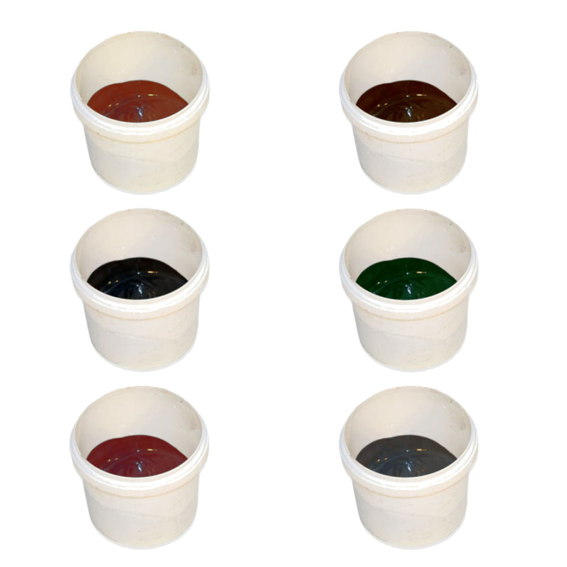 An image of the different colours of the Pantile 2000 Roof Touch Up Kits. They are Antique Red Charcoal, Mid Grey, Sage Green, Terracotta and Tudor Brown