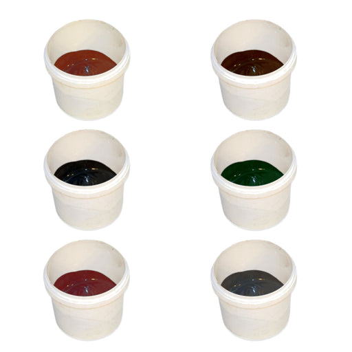 An image of the different colours of the Pantile 2000 Roof Touch Up Kits. They are Antique Red Charcoal, Mid Grey, Sage Green, Terracotta and Tudor Brown