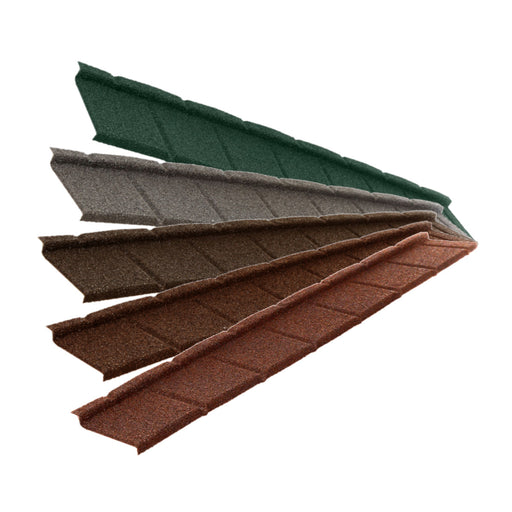 An image of the different colours for the  Britmet Plaintile Lightweight Roof Shingles. The colours are Bramble Brown, Rustic Brown, Rustic Terracotta, Tartan Green and Titanium Grey.