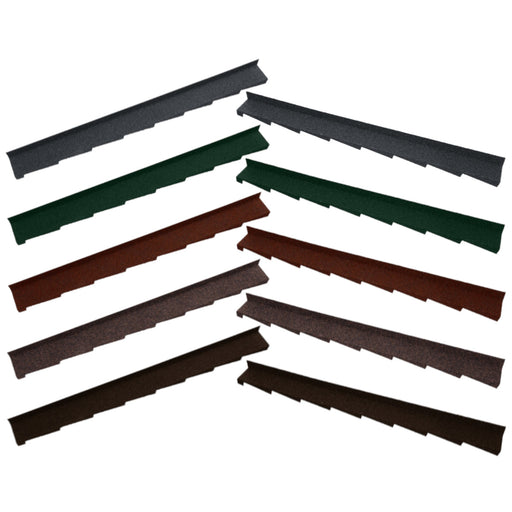 An image of the different colours for the left and right hand Britmet Roof Side Wall. The colours are Bramble Brown, Rustic Brown, Rustic Terracotta, Tartan Green and Titanium Grey.