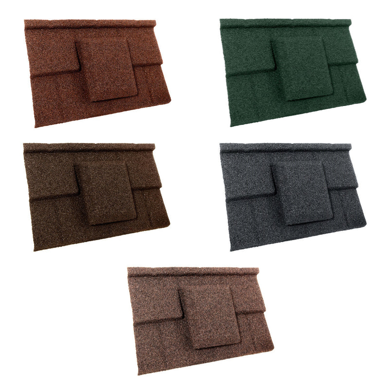 An image of the different colours for the  Britmet Plaintile Roof tile vent. The colours are Bramble Brown, Rustic Brown, Rustic Terracotta, Tartan Green and Titanium Grey.