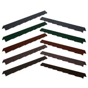 An image of the different colours for the left and right hand Britmet Plaintile Roof Verge Barge. The colours are Bramble Brown, Rustic Brown, Rustic Terracotta, Tartan Green and Titanium Grey.
