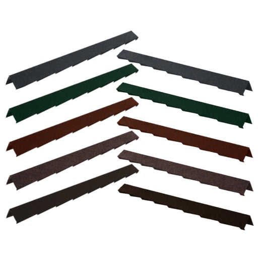 An image of the different colours for the left and right hand Britmet Plaintile Roof Verge Barge. The colours are Bramble Brown, Rustic Brown, Rustic Terracotta, Tartan Green and Titanium Grey.