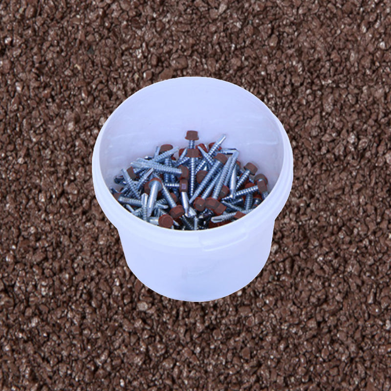 An image showing a tub of 0.9mm Britmet Plus Tile Tek Screws in the colour Bramble Brown