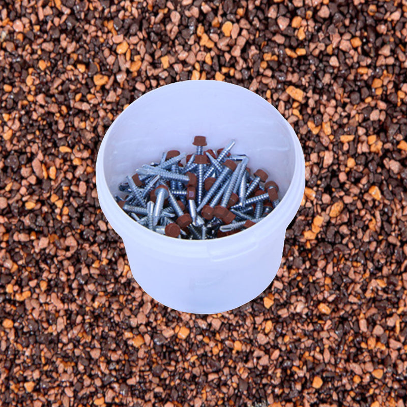 An image showing a tub of 0.9mm Britmet Plus Tile Tek Screws in the colour Rustic Brown