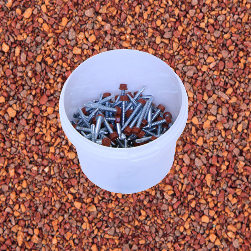 An image showing a tub of 0.9mm Britmet Plus Tile Tek Screws in the colour Rustic Terracotta